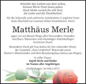 Traueranzeige von Matthäus Merle von Mitteldeutsche Zeitung Mansfelder Land
