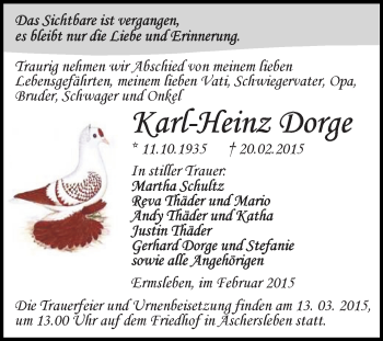 Traueranzeige von Karl-Heinz Dorge von Super Sonntag Aschersleben