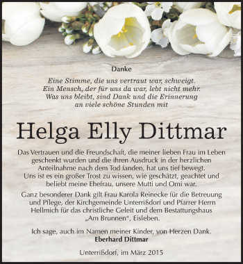 Traueranzeige von Helga Elly Dittmar von Mitteldeutsche Zeitung Mansfelder Land