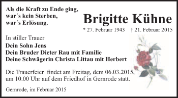 Traueranzeige von Brigitte Kühne von WVG - Wochenspiegel Quedlinburg