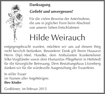 Traueranzeige von Hilde Weirauch von Wochenspiegel Mansfelder Land