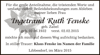 Traueranzeige von Ingetraud Ruth Fenske von WVG - Wochenspiegel Dessau / Köthen