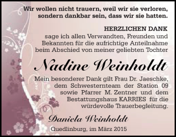 Traueranzeige von Nadine Weinholdt von WVG - Wochenspiegel Quedlinburg
