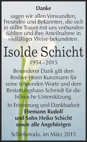 Traueranzeige von Isolde Schicht von WVG - Wochenspiegel NMB / WSF / ZTZ