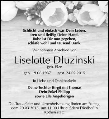 Traueranzeige von Liselotte Dluzinski von Mitteldeutsche Zeitung Köthen