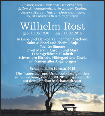 Traueranzeige von Wilhelm Rost von WVG - Wochenspiegel Merseburg