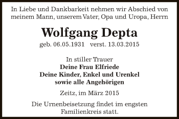 Traueranzeige von Wolfgang Depta von Super Sonntag Zeitz