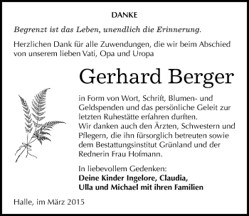 Traueranzeige von Gerhard Berger von Mitteldeutsche Zeitung Halle/Saalkreis