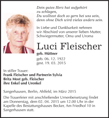 Traueranzeige von Luci Fleischer von Mitteldeutsche Zeitung Sangerhausen