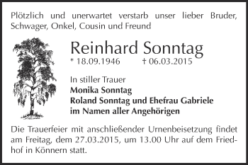 Traueranzeige von Reinhard Sonntag von Super Sonntag Bernburg
