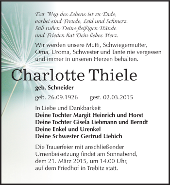 Traueranzeige von Charlotte Thiele von Mitteldeutsche Zeitung Wittenberg