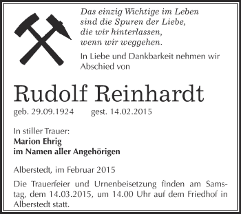 Traueranzeige von Rudolf Reinhardt von WVG - Wochenspiegel Merseburg