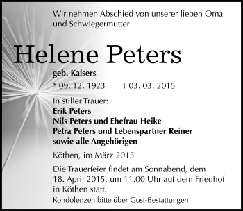 Traueranzeige von Helene Peters von Mitteldeutsche Zeitung Köthen