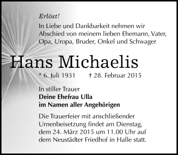 Traueranzeige von Hans Michaelis von Mitteldeutsche Zeitung Halle/Saalkreis