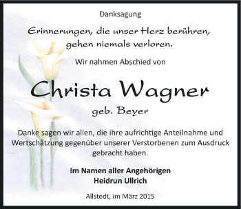 Traueranzeige von Christa Wagner von Mitteldeutsche Zeitung Sangerhausen