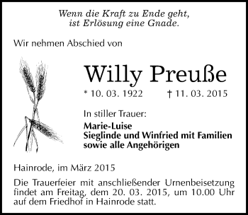 Traueranzeige von Willy Preuße von Mitteldeutsche Zeitung Sangerhausen