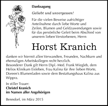 Traueranzeige von Horst Kranich von Mitteldeutsche Zeitung Mansfelder Land