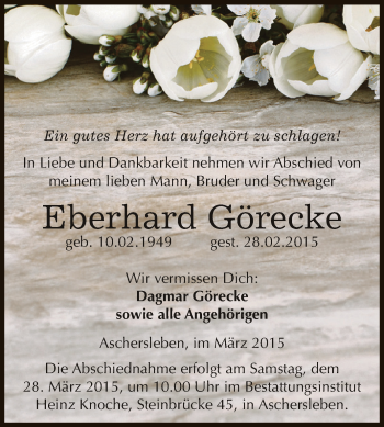 Traueranzeige von Eberhard Görecke von Super Sonntag Aschersleben