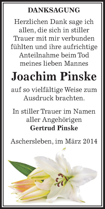 Traueranzeige von Joachim Pinske von Mitteldeutsche Zeitung Aschersleben