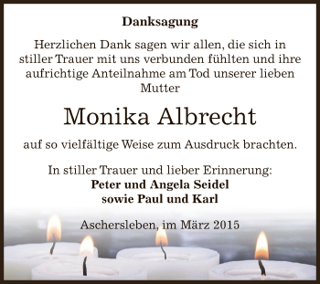 Traueranzeige von Monika Albrecht von Super Sonntag Aschersleben