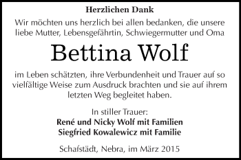 Traueranzeige von Bettina Wolf von WVG - Wochenspiegel Merseburg