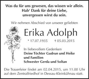 Traueranzeige von Erika Adolph von WVG - Wochenspiegel Dessau / Köthen