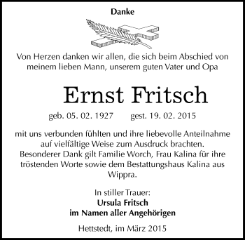 Traueranzeige von Ernst Fritsch von Mitteldeutsche Zeitung Mansfelder Land