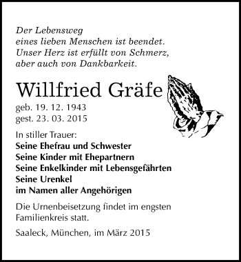 Traueranzeige von Willfried Gräfe von Mitteldeutsche Zeitung Naumburg/Nebra