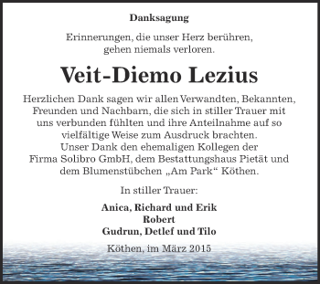Traueranzeige von Veit-Diemo Lezius von WVG - Wochenspiegel Dessau / Köthen
