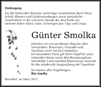Traueranzeige von Günter Smolka von Mitteldeutsche Zeitung Mansfelder Land