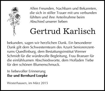 Traueranzeige von Gertrud Karlisch von Mitteldeutsche Zeitung Quedlinburg
