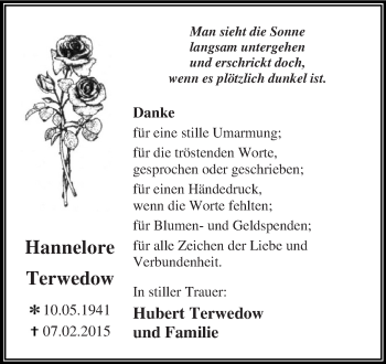 Traueranzeige von Hannelore Terwedow von WVG - Wochenspiegel Dessau / Köthen