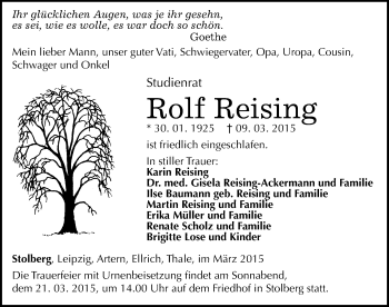 Traueranzeige von Rolf Reising von Mitteldeutsche Zeitung Sangerhausen