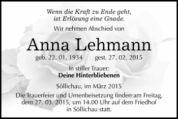 Traueranzeige von Anna Lehmann von WVG - Wochenspiegel Wittenberg