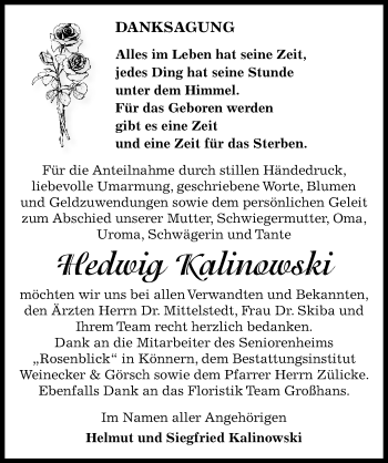 Traueranzeige von Hedwig Kalinowski von Mitteldeutsche Zeitung Bernburg