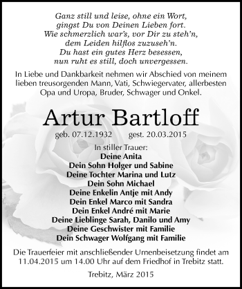 Traueranzeige von Artur Bartloff von Mitteldeutsche Zeitung Wittenberg
