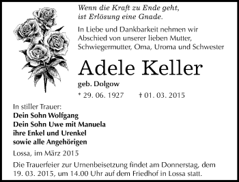 Traueranzeige von Adele Keller von Mitteldeutsche Zeitung Naumburg/Nebra