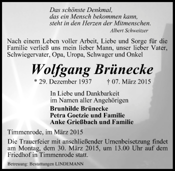 Traueranzeige von Wolfgang Brünecke von Mitteldeutsche Zeitung Quedlinburg