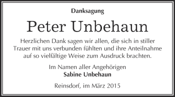 Traueranzeige von Peter Unbehaun von Super Sonntag Wittenberg