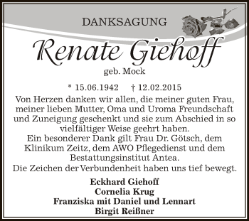 Traueranzeige von Renate Giehoff von Super Sonntag Zeitz