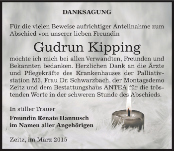 Traueranzeige von Gudrun Kipping von Mitteldeutsche Zeitung Zeitz
