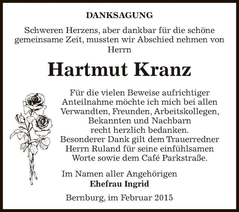  Traueranzeige für Hartmut Kranz vom 01.03.2015 aus Super Sonntag Bernburg