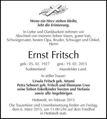 Traueranzeige von Ernst Fritsch von Wochenspiegel Mansfelder Land