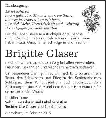 Traueranzeige von Brigitte Glaser von Super Sonntag Merseburg