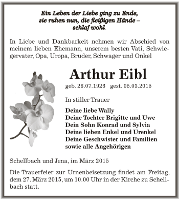 Traueranzeige von Arthur Eibl von Super Sonntag Zeitz