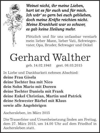 Traueranzeige von Gerhard Walther von Super Sonntag Aschersleben