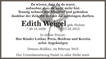 Traueranzeige von Edith Weigel von WVG - Wochenspiegel Dessau / Köthen