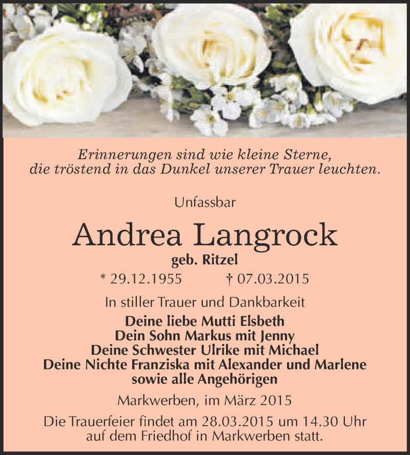  Traueranzeige für Andrea Langrock vom 18.03.2015 aus WVG - Wochenspiegel NMB / WSF / ZTZ