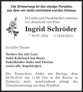 Traueranzeige von Ingrid Schröder von Super Sonntag Bernburg
