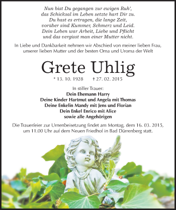 Traueranzeige von Grete Uhlig von Mitteldeutsche Zeitung Merseburg/Querfurt